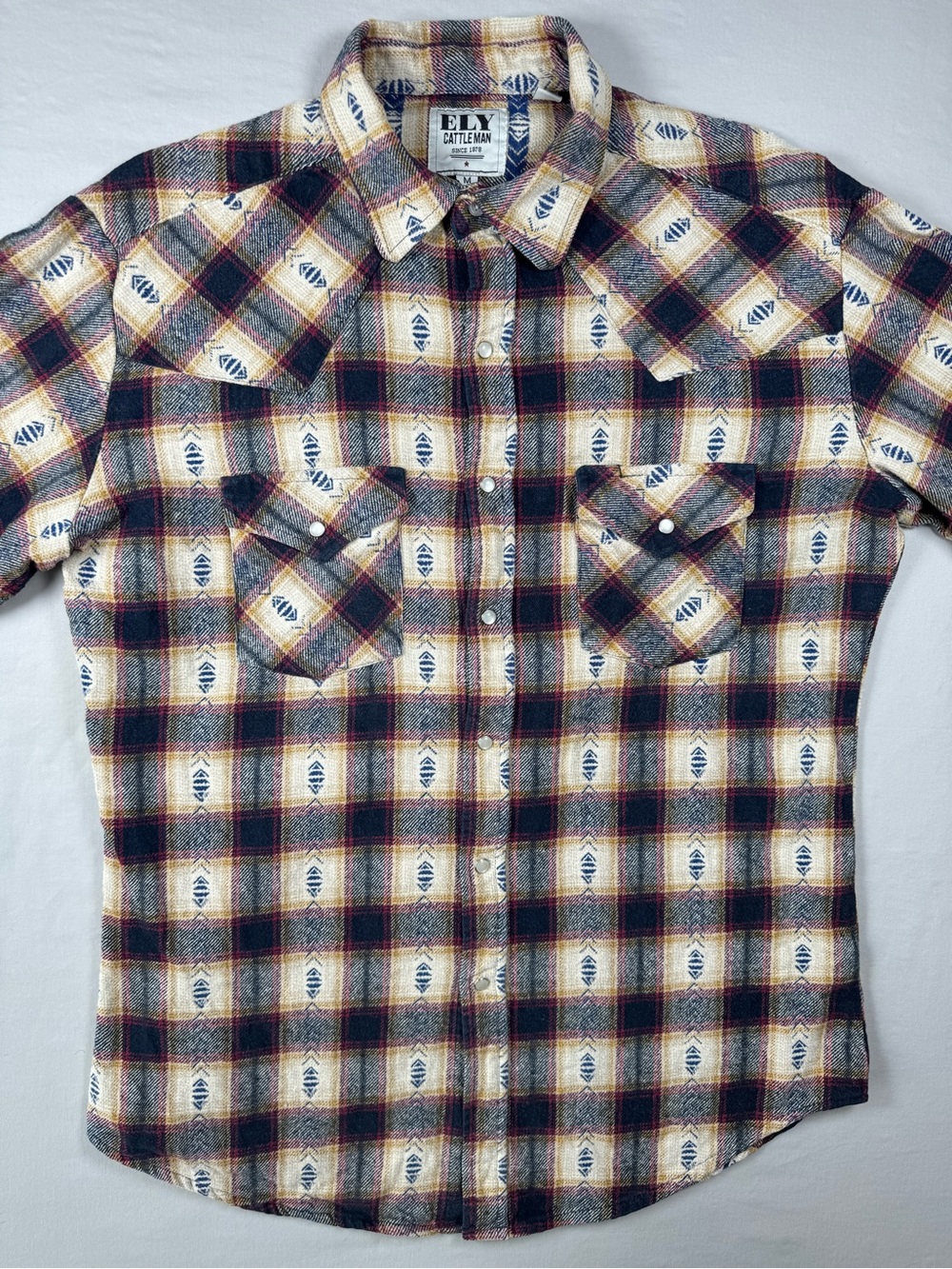 ELY Cattleman Western Pearl Snap Plaid Flannel Shirt Mens M - Picture 3 of 11
